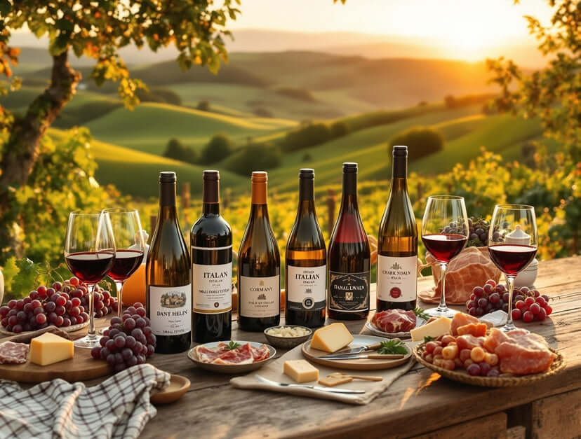 Selection of boutique Italian wine bottles from small producers on a rustic table with cheese, grapes, and Italian countryside in the background – best Italian wines to try in the UK