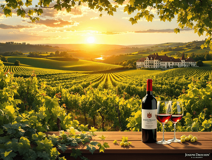 Vibrant view of Joseph Drouhin’s Burgundy winery with sunlit vineyards, elegant wine bottles, and a family estate house – contemporary style for wine enthusiasts