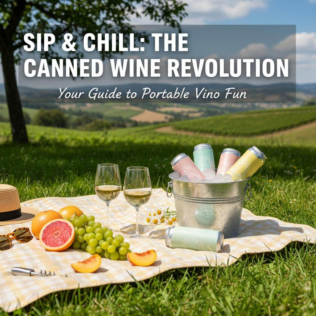 the perfect image of some wine in cans on a picnic blanket in the English countryside