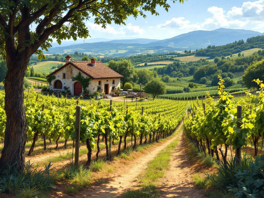 A scenic view of a small family-run vineyard with grapevines and a rustic wine cellar.