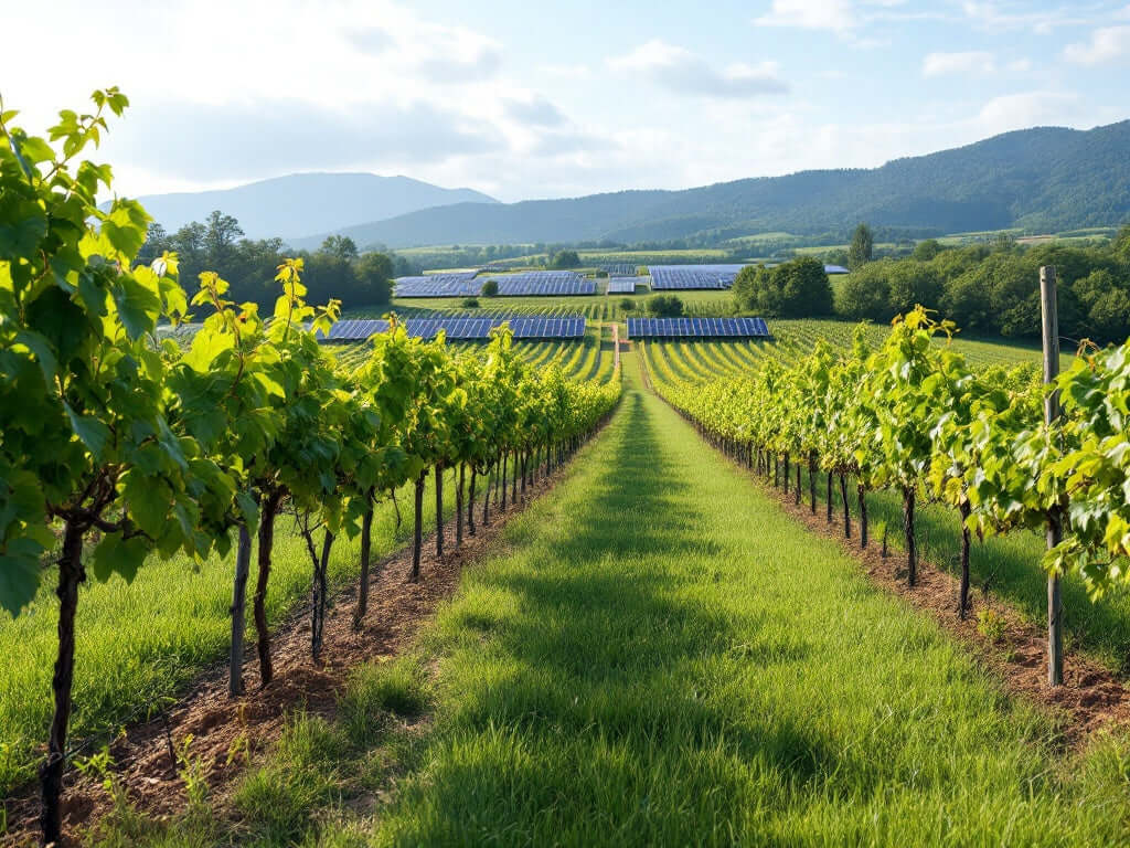 A vineyard with eco-friendly practices, showcasing solar panels and lush greenery.