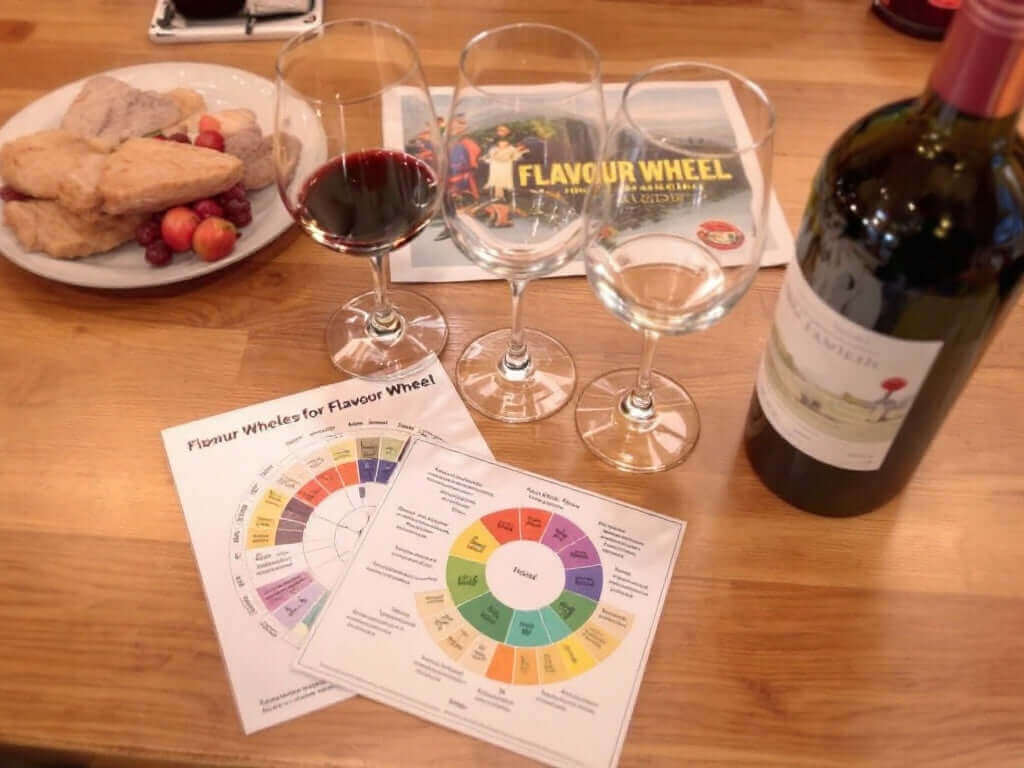 How to Taste Wine tasting setup with glasses, a bottle of wine, and a flavour wheel for beginners.