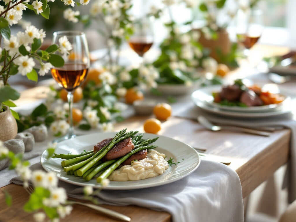 The perfect wine pairings - A beautifully set spring dining table with dishes like lamb, asparagus, and wine glasses.