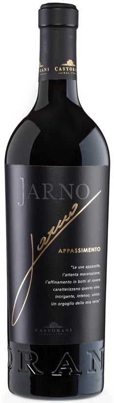 Bottle of Jarno Appassimento Bianco wine with a black label on a white background