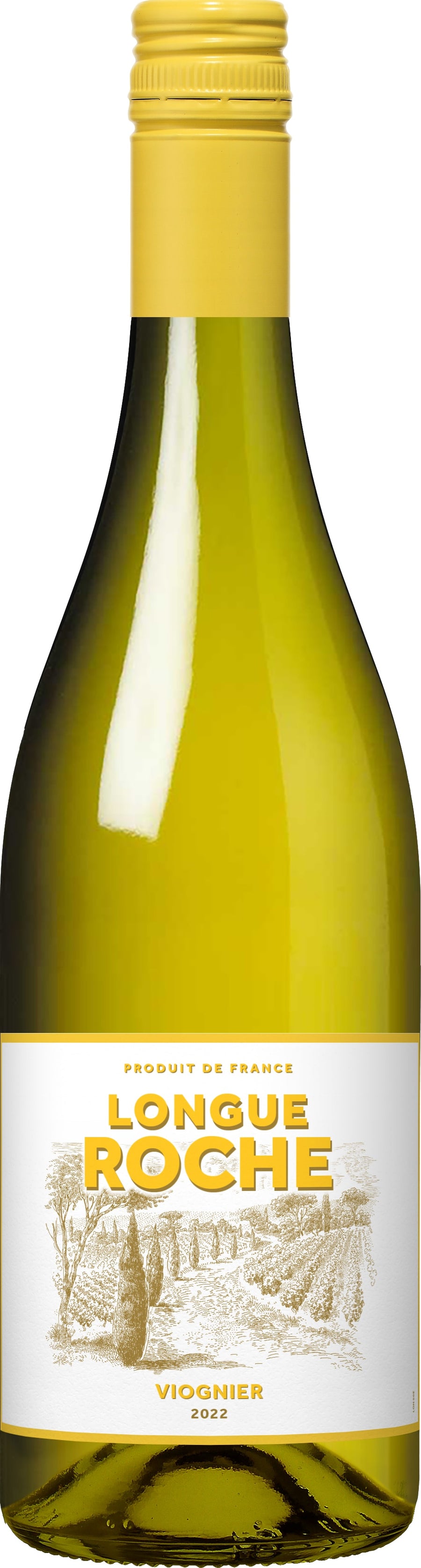 Longue Roche Viognier IGP Pays d'Oc 2022 wine bottle, showcasing a vibrant yellow label and classic design.