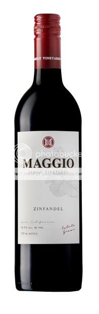 Red wine bottle with 'Maggio Old Vines Zinfandel' label on a white background