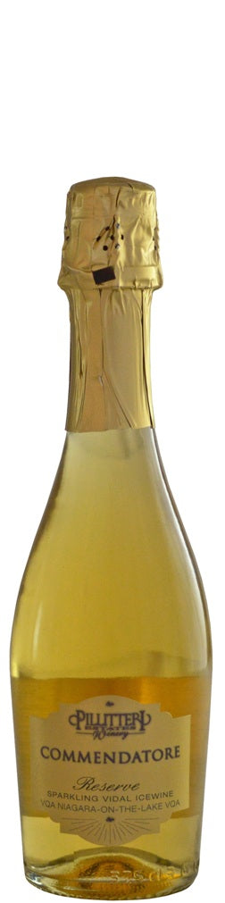 Bottle of Pillitteri Commendatore Reserve ice wine with a gold cap on a white background