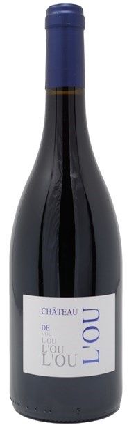 A bottle of Château de l'Ou L'Ou red wine with a dark glass body, a white label with blue text, and a dark blue foil capsule at the neck, isolated on a white background.