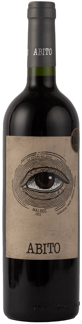 Bottle of Abito malbec reserva wine with a label featuring an eye design.