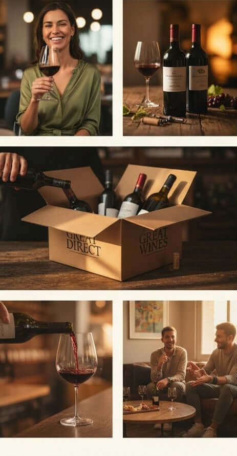 Best selling red wines showcased in a relaxed setting with bottles, glasses, and happy customers.