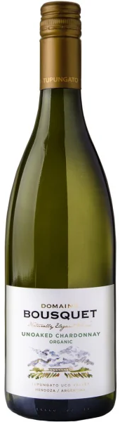 A bottle of Domain Bousquet Unoaked Chardonnay Organic white wine, featuring a dark green glass bottle, a gold foil capsule, and a white label with black text.
