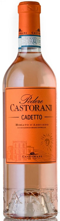 Bottle of Pedre Castorani Cadetto Rosato d'Abruzzo with an orange label.