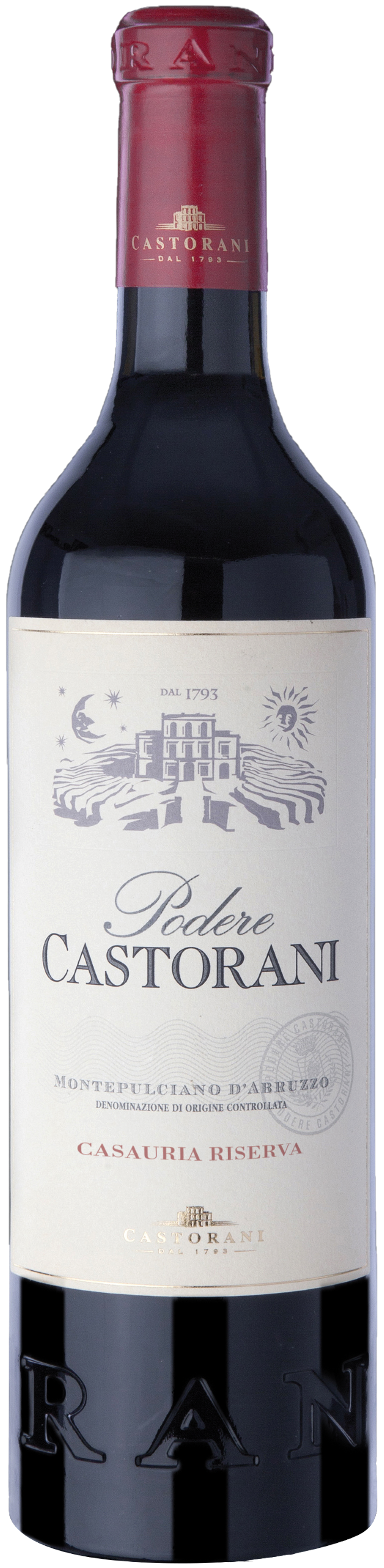 Red wine bottle with 'Pedere Castorani montepulciano d'abruzzo riserva' label on a white background