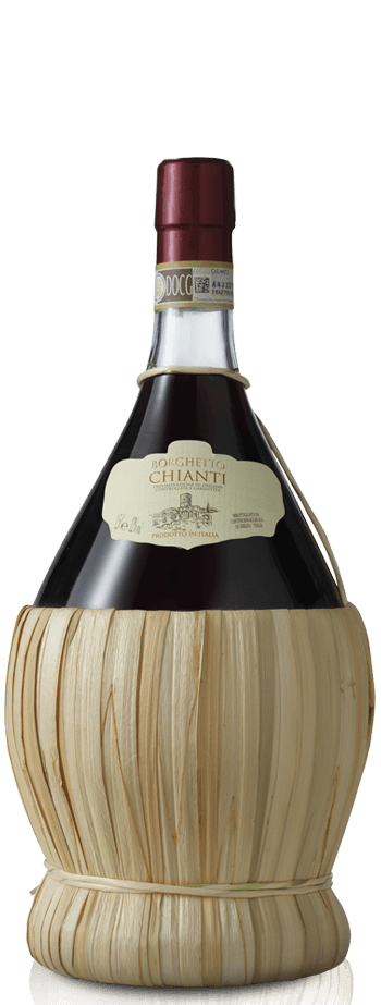 Chianti Fiasco Wine bottle with wooden base on a white background