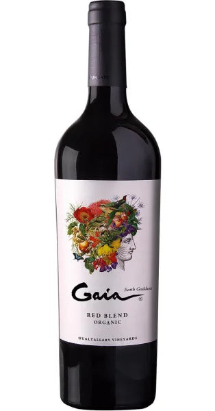 A bottle of Gaia Family Gardens Red Blend Organic wine on a plain white background. The bottle is dark glass with a black capsule and a white label featuring a colorful floral illustration of a face.