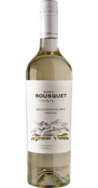 Thumbnail for A bottle of Domaine Bousquet Sauvignon Blanc Organic white wine, featuring a white label with a gray mountain illustration and a silver screw cap, set against a plain white background.