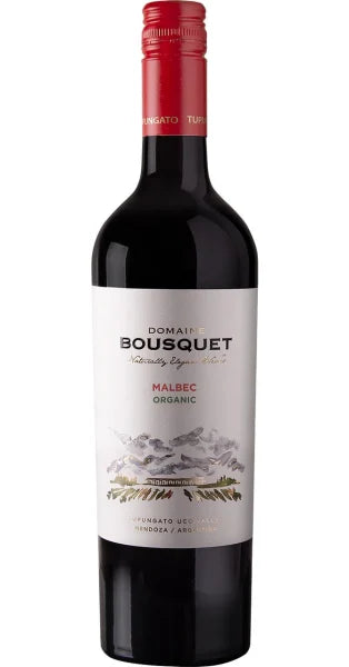 A bottle of Domaine Bousquet Malbec Organic red wine, featuring a dark glass bottle, a red foil capsule, and a white label with a scenic illustration.