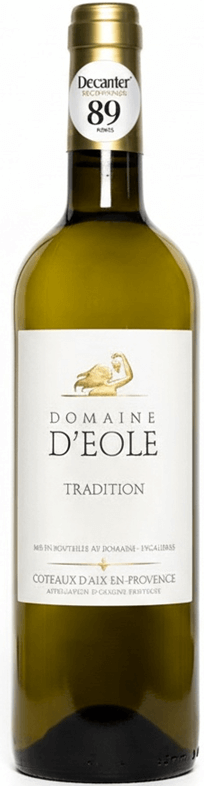 a bottle of domaine d'eole white showing its award of 89 points from decanter