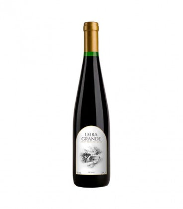 A bottle of Leira Grande red wine with a dark glass body, a gold foil capsule, and a white label with black text and illustration, set against a plain white background.