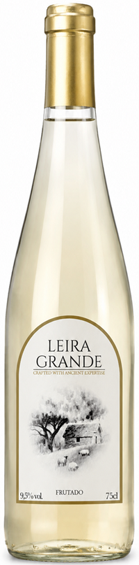 Thumbnail for A bottle of Leira Grande Frutido white wine with a gold foil neck wrap and a white label featuring a black and white illustration of a vineyard and farmhouse.