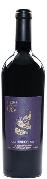 A bottle of Meso Lxv Cabernet Franc red wine, featuring a dark glass bottle with a black capsule and a purple label with gold lettering and graphics.