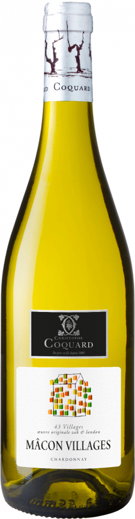 A bottle of Christophe Coquard's Macon Villages white wine with a white background