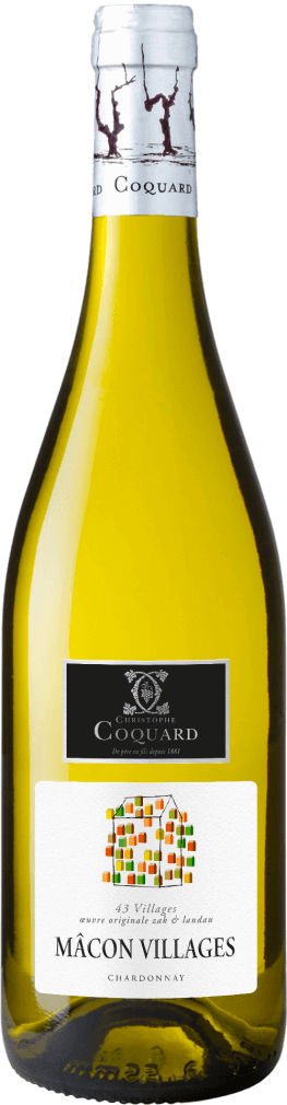 A bottle of Christophe Coquard's Macon Villages white wine with a white background