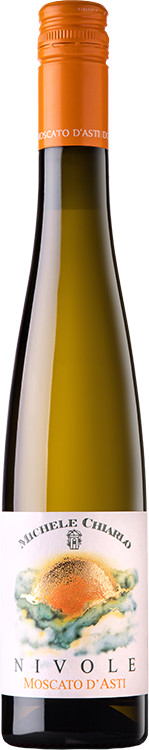 A bottle of Michele Chiarlo Nivole Moscato d'Asti wine, featuring a dark green glass bottle, an orange screw cap, and a white label with a watercolor illustration of a peach and blue-green leaves.