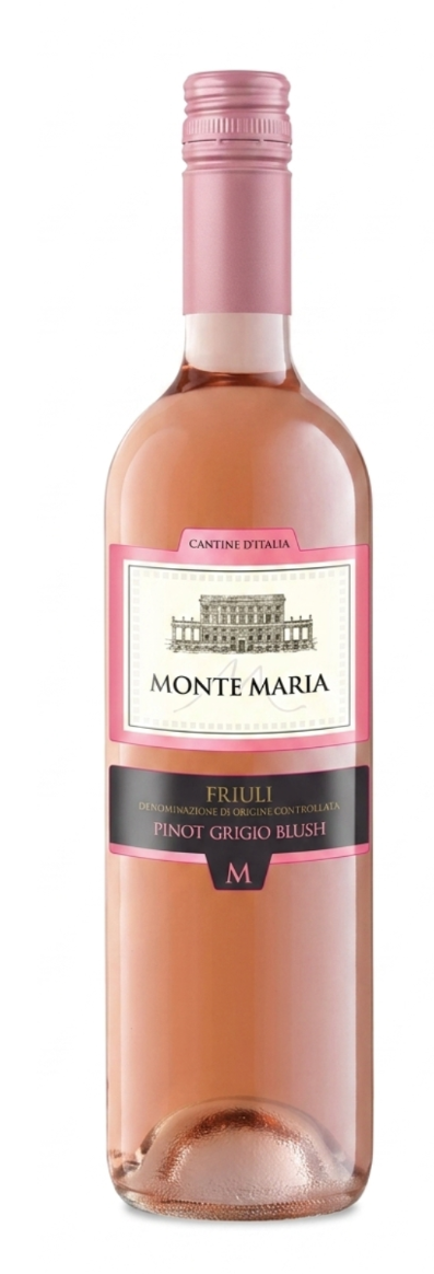 A bottle of Monte Maria FruiliPinot Grigio blush rosé wine with a pink cap and a label featuring the brand name 'Monte Maria' and 'Fruili'.