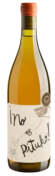 a bottle of orange wine 'no es pituko' from vina echeverria in Chile with a white background
