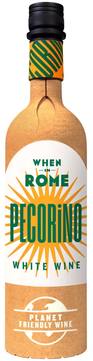 a bottle of Pecorino 'When in Rome' white wine from Abruzzo, on a white background