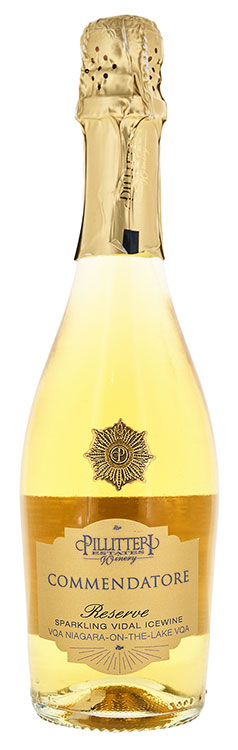 Bottle of Pillitteri Commendatore Reserve ice wine with a gold cap on a white background
