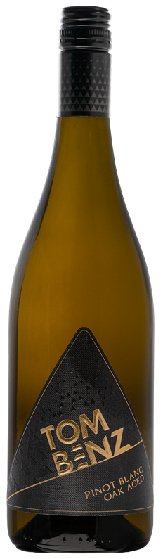 Wine bottle labelled 'Tom Benz' Pinot Blanc Oak Aged with a black cap and gold text on a white background