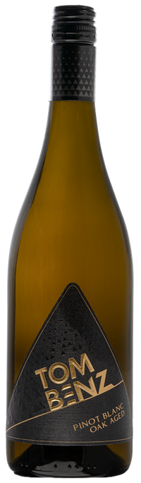 Thumbnail for Wine bottle labelled 'Tom Benz' Pinot Blanc Oak Aged with a black cap and gold text on a white background