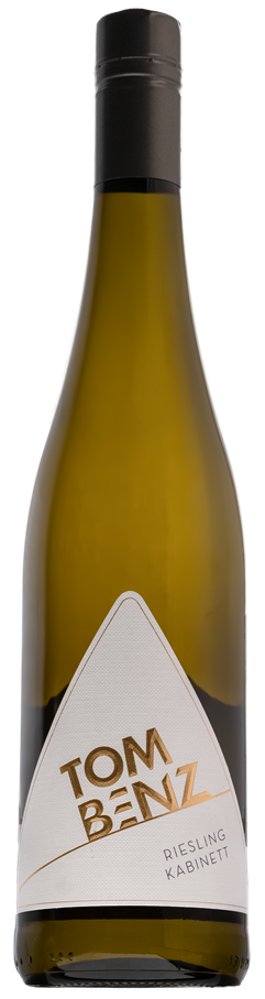 riesling kabinett white wine bottle with 'Tom Benz' label on a white background
