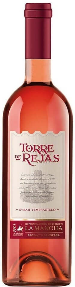 A bottle of Torre de Rejas Tempranillo white wine, featuring a deep pinkish-rose liquid, a dark red foil capsule, and a cream-colored label with red and black text.