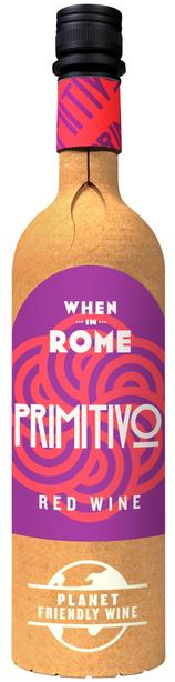 Bottle of When in Rome Primitivo red wine with a colourful label on a white background